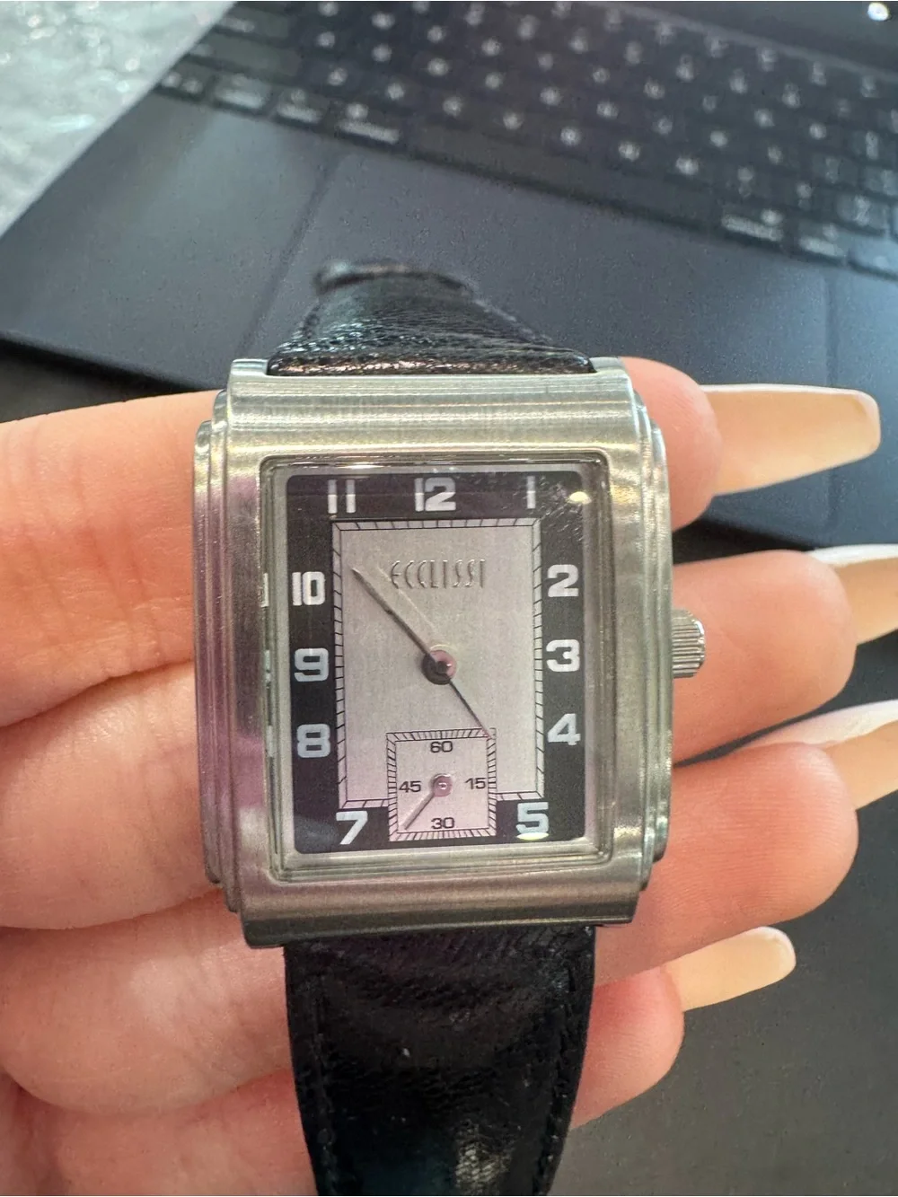 New Vintage Ecclissi Silver Rectangular Tank Watch with Black and White Dial